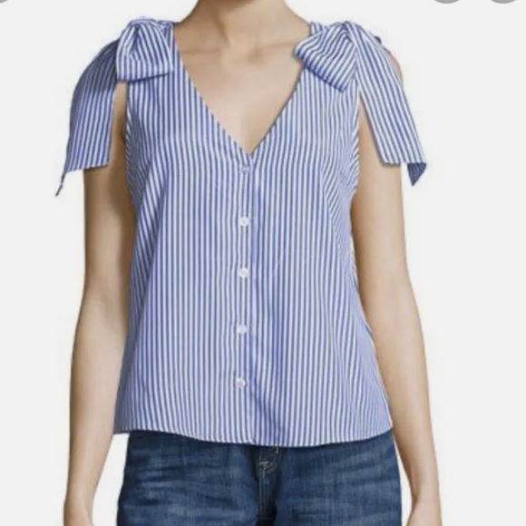 J.O.A Los Angeles Blouse Women's Blue Striped Bow Shoulder Button Up Top - Picture 1 of 8